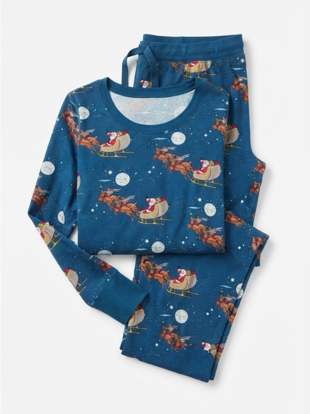 Hanna Andersson Blue Santa Reindeer Holiday Organic Pajama Set Top L Pants M